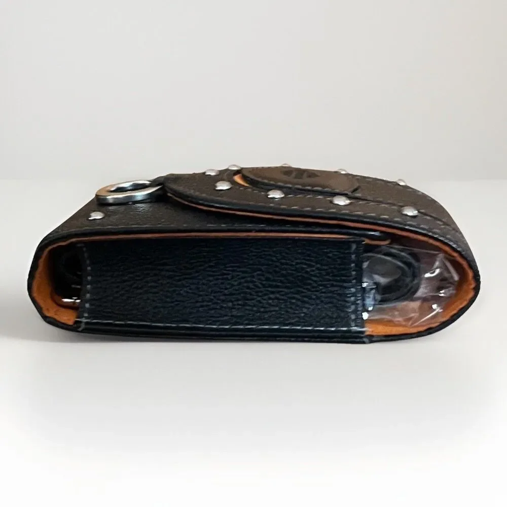 Harley Davidson Leather Belt Pouch Case Studded Black Orange NOS Wrist Strap